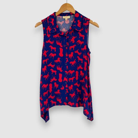 ModCloth Blue & Red Horse Print Sleeveless Blouse Size S - Picture 1 of 5